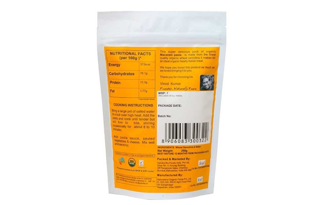 Naturally yours Organic Macaroni Pasta    Pack  250 grams